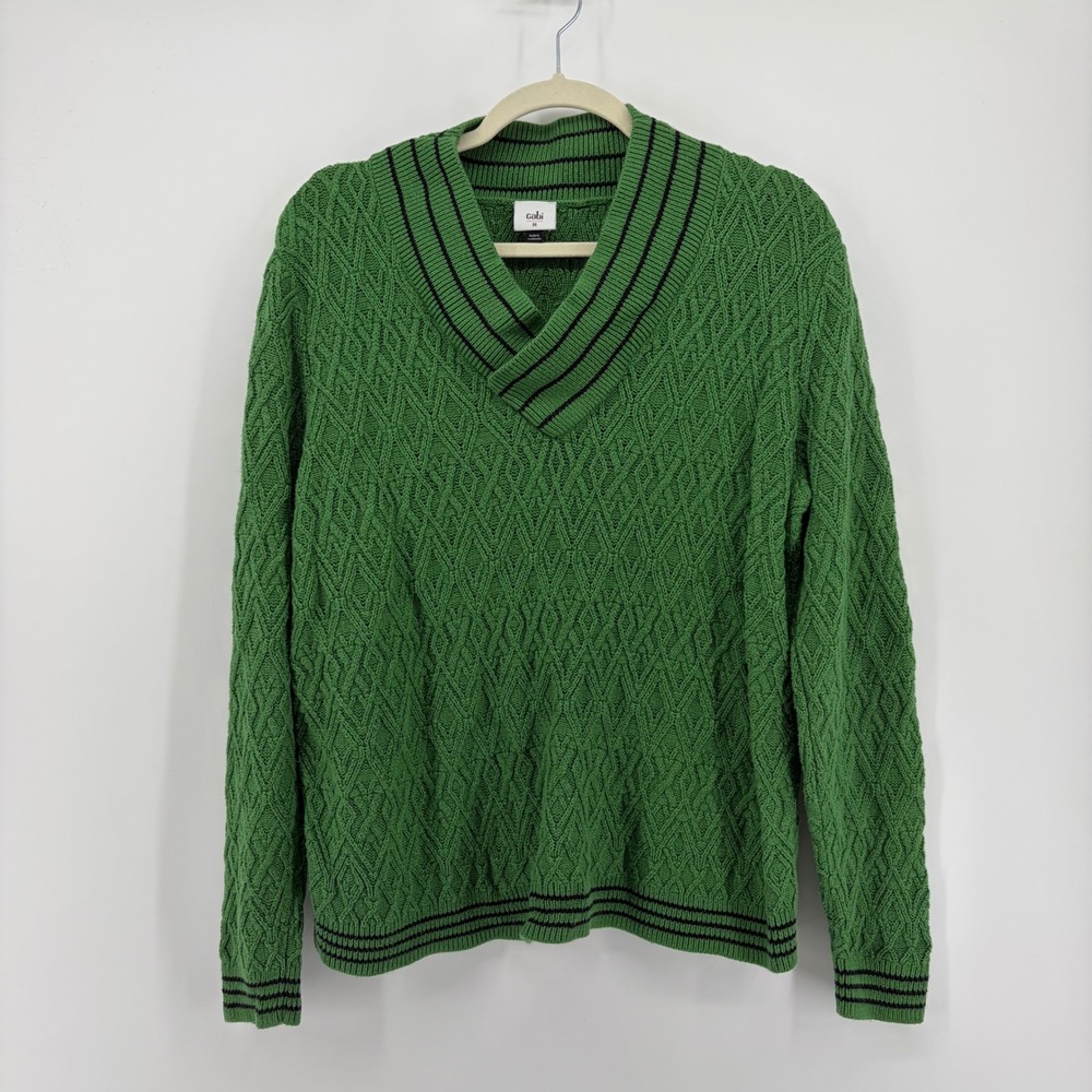 Cabi Womens Medium Green Sweater Diamond Textured Shawl V-Neck Striped 4467
